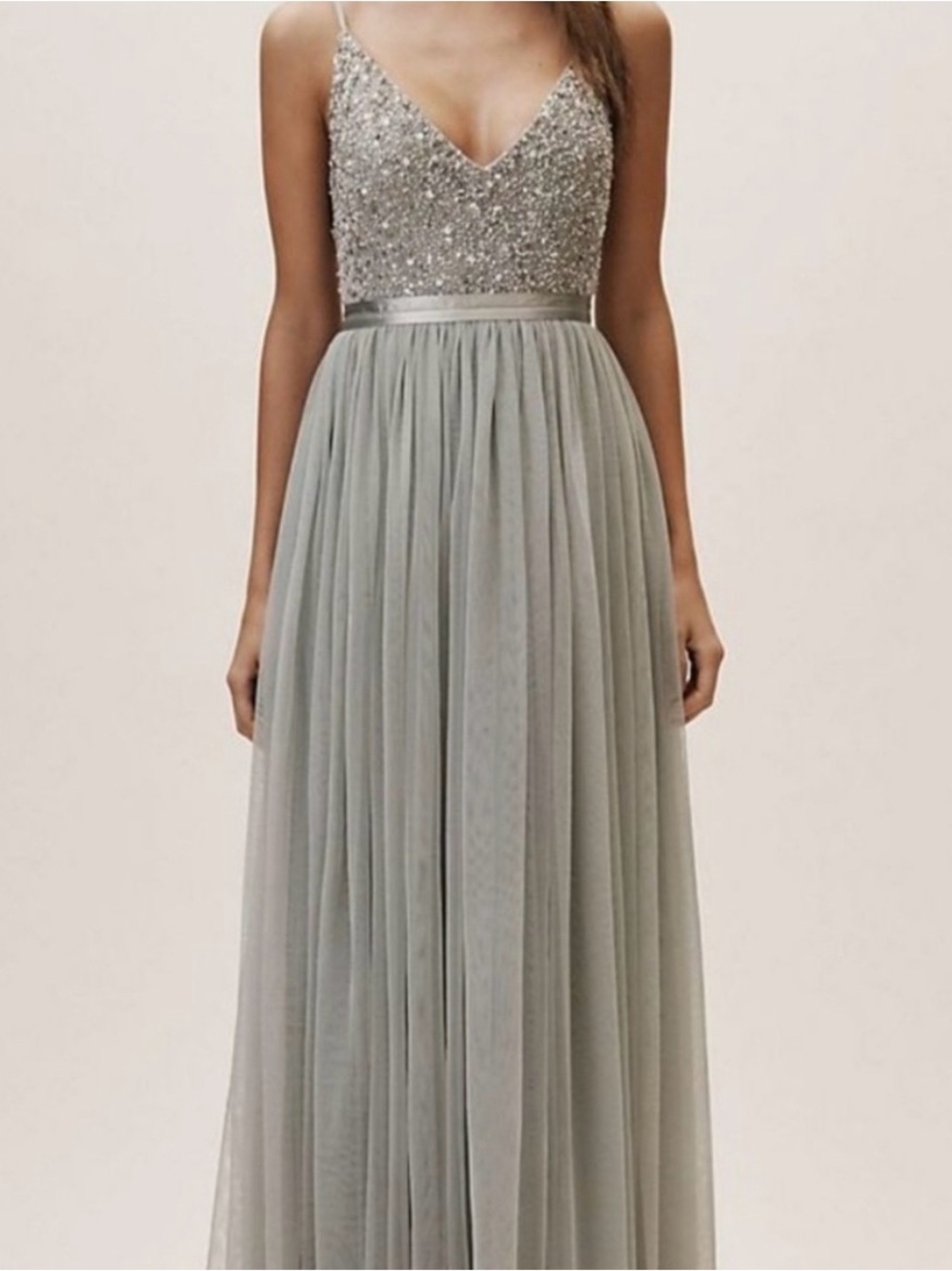 BHLDN Avery Sequined and Beaded V-Neck Tulle Gown in Morning Mist